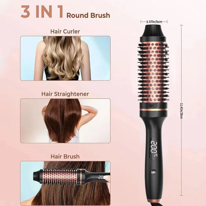 Curling Iron Thermal Brush 3 in 1 Set Heated round Curling Brush Hair Style Ceramic Double PTC Heater Fast Heating Brush