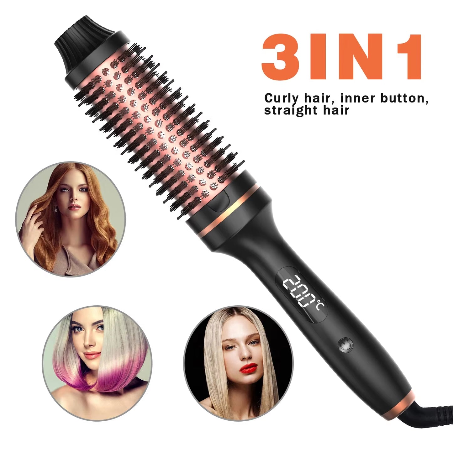 Curling Iron Thermal Brush 3 in 1 Set Heated round Curling Brush Hair Style Ceramic Double PTC Heater Fast Heating Brush