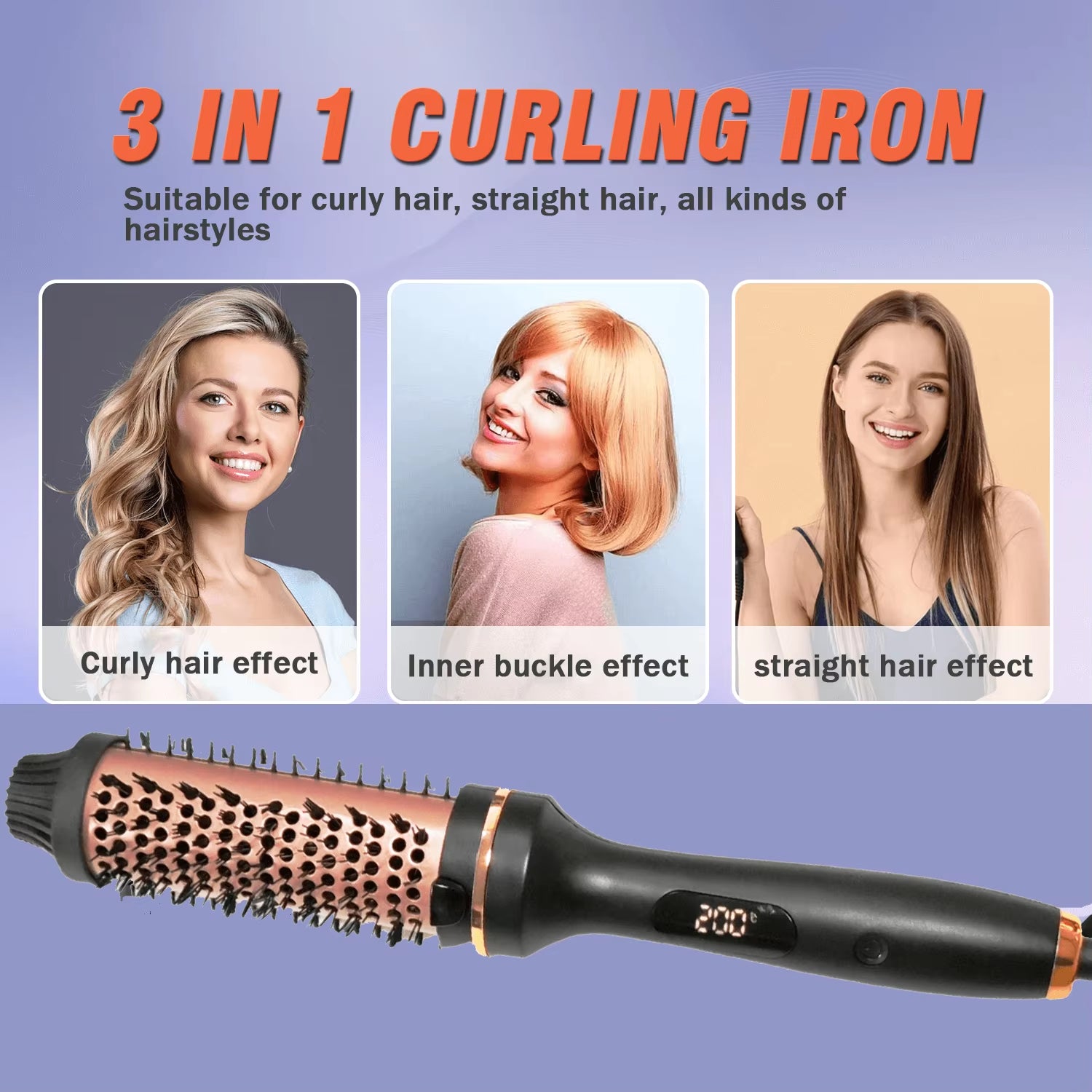 Curling Iron Thermal Brush 3 in 1 Set Heated round Curling Brush Hair Style Ceramic Double PTC Heater Fast Heating Brush